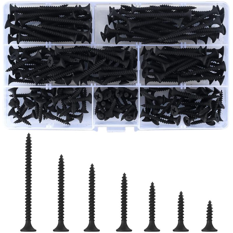 220 pcs Self Tapping Wood Screws, Black Cross Flat Head Self Drilling Screw, Metal Screws For Drywall Furniture - M3.5