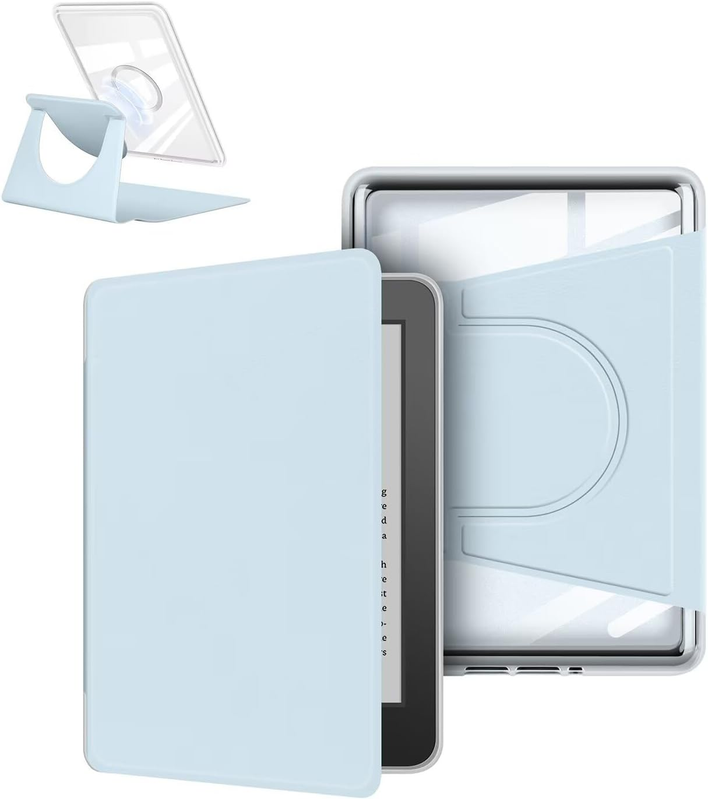 360° Rotating & Detachable Magnetic Case for 7" Kindle Paperwhite 12th Generation (2024)  – Auto Wake/Sleep, Hands-Free Stand, Clear Back Cover(Light blue)