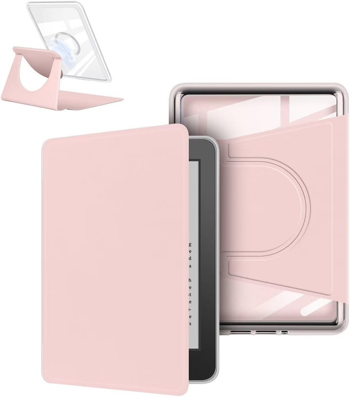 360° Rotating & Detachable Magnetic Case for 7" Kindle Paperwhite 12th Generation (2024)  – Auto Wake/Sleep, Hands-Free Stand, Clear Back Cover(pink)