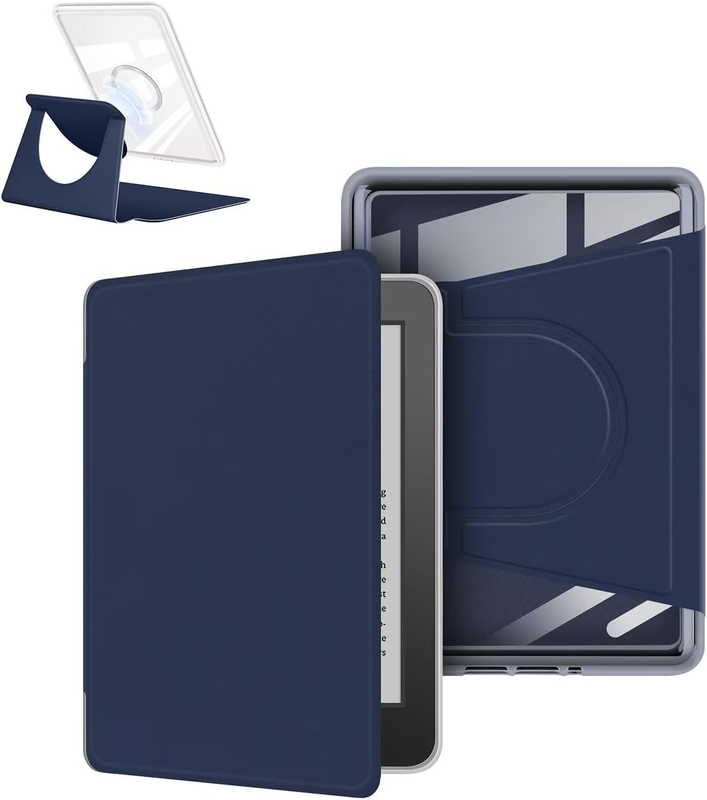 360° Rotating & Detachable Magnetic Case for 7" Kindle Paperwhite 12th Generation (2024)  – Auto Wake/Sleep, Hands-Free Stand, Clear Back Cover (Dark Blue)
