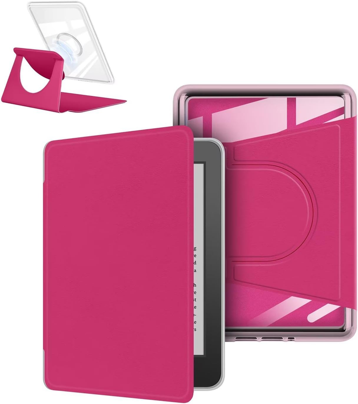360° Rotating & Detachable Magnetic Case for 7" Kindle Paperwhite 12th Generation (2024)  – Auto Wake/Sleep, Hands-Free Stand, Clear Back Cover (Rose Red)