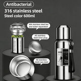 Antibacterial 316 Stainless Steel Vacuum Flask 600ml | Tea Infuser & Insulated Bottle for Hot/Cold Drinks (Bright silver)