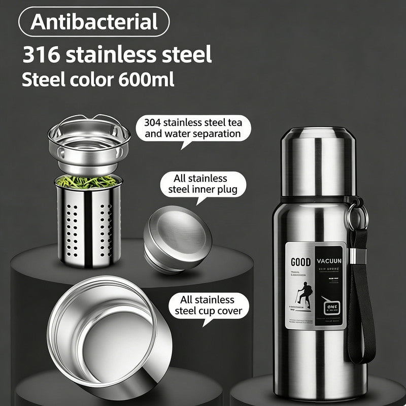 Antibacterial 316 Stainless Steel Vacuum Flask 600ml | Tea Infuser & Insulated Bottle for Hot/Cold Drinks (Bright silver)