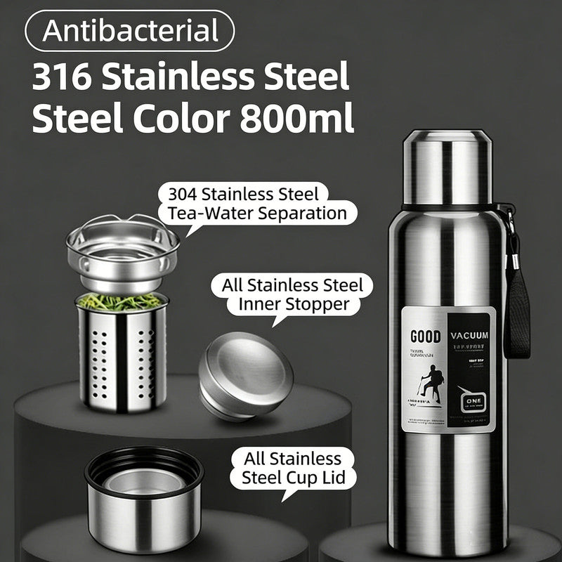 Antibacterial 316 Stainless Steel Vacuum Flask 800ml | Tea Infuser & Insulated Bottle for Hot/Cold Drinks (Bright silver)