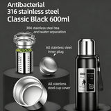 Antibacterial 316 Stainless Steel Vacuum Flask 600ml | Tea Infuser & Insulated Bottle for Hot/Cold Drinks (Black)