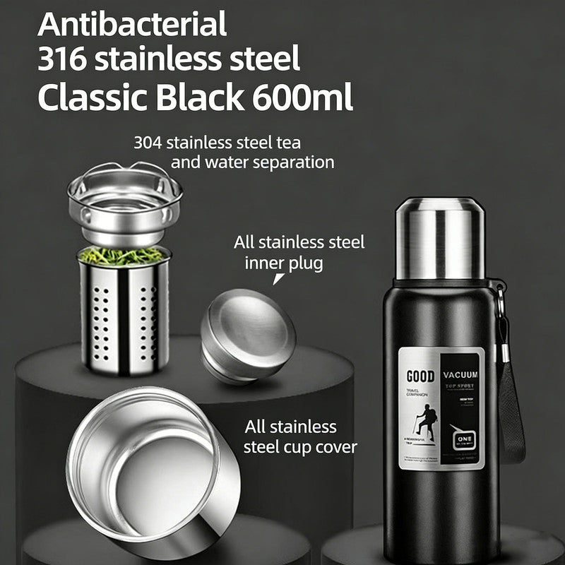Antibacterial 316 Stainless Steel Vacuum Flask 600ml | Tea Infuser & Insulated Bottle for Hot/Cold Drinks (Black)