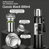 Antibacterial 316 Stainless Steel Vacuum Flask 800ml | Tea Infuser & Insulated Bottle for Hot/Cold Drinks (Black)