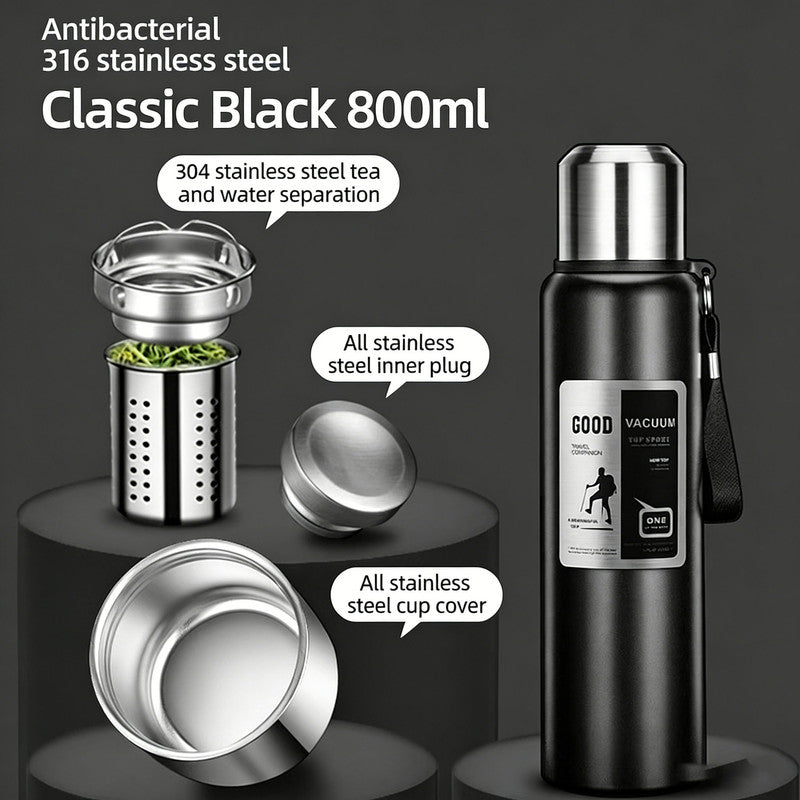 Antibacterial 316 Stainless Steel Vacuum Flask 800ml | Tea Infuser & Insulated Bottle for Hot/Cold Drinks (Black)