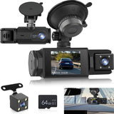 WiFi Car Dash Cam – 3-Channel Wireless Camera with App, Front, Interior, and Rear Cameras, Full HD 1080p, 2-inch IPS Screen, Night Vision, Motion Detection, Loop Recording, 64GB Memory Card Included