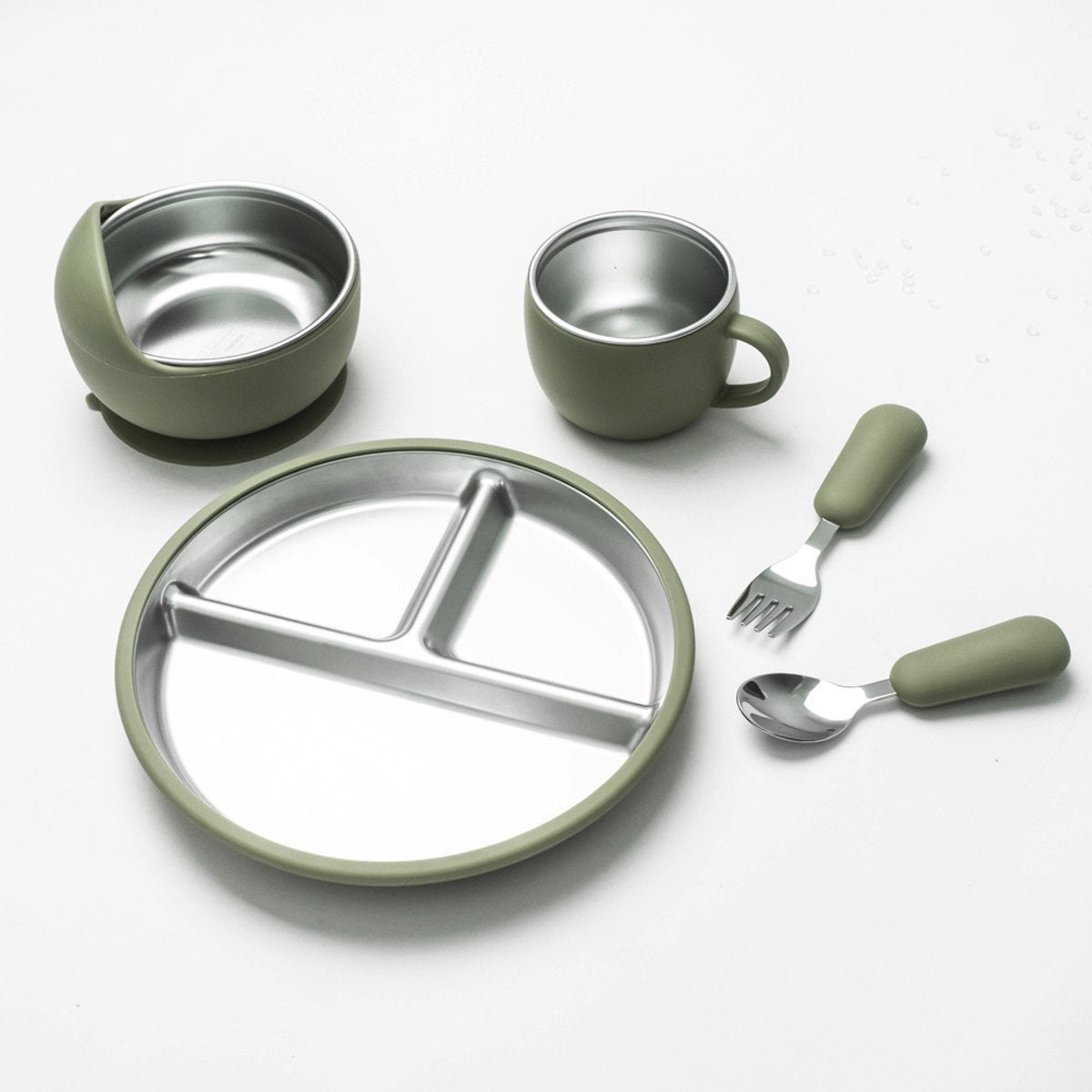 5-Piece Set - Children's Plate - Baby Plate in Stainless Steel - BPA-Free - Non-Slip - Unbreakable - Removable - Suitable for Children 1-3 Years Old - Includes Plate, Bowl, Cup, Fork, Spoon - Grass Green