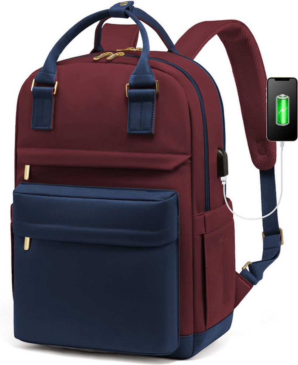 Backpack - Backpack - Ladies - Girls - Women - Laptop - Schoolbag - Work - School - Waterproof - USB - Red - White