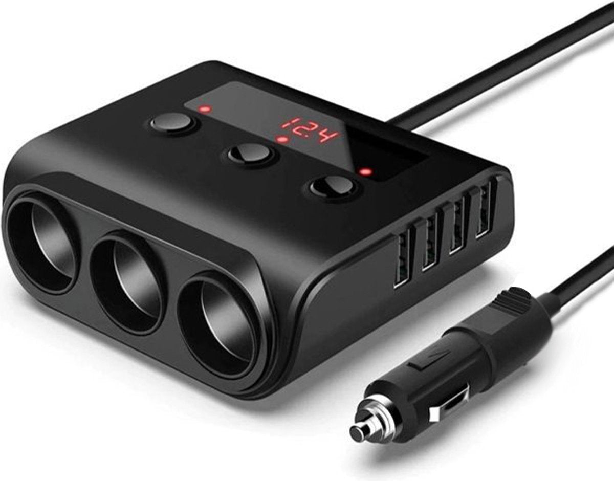 Car cigarette lighter splitter with 12V/24V voltmeter - 4x 5V/3.1A USB inputs - 3 cigarette lighter sockets - car charger - car accessories - SIG04USB - Black