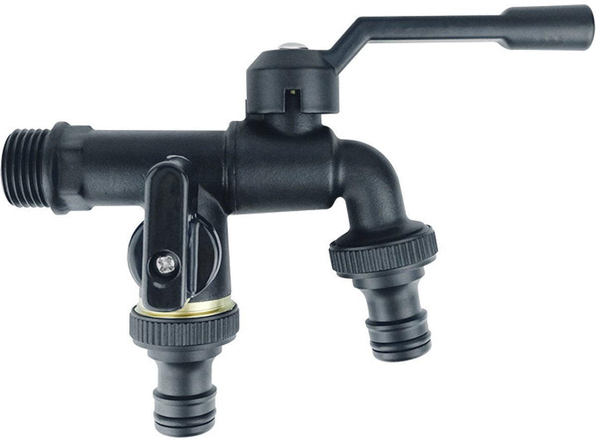 Brass double drain fitting for outdoor use - 3/4 inch - black - frost resistant - rust resistant - irrigation system - garden - ball valve - 2 outlets