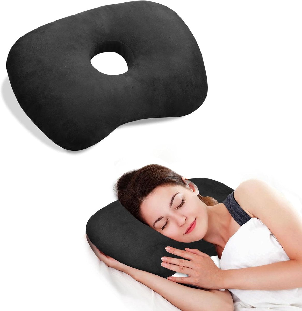 Curved side pillow - Ear holes - Adjustable cotton/polyester - Machine washable - Suitable for pierced ears - Black
