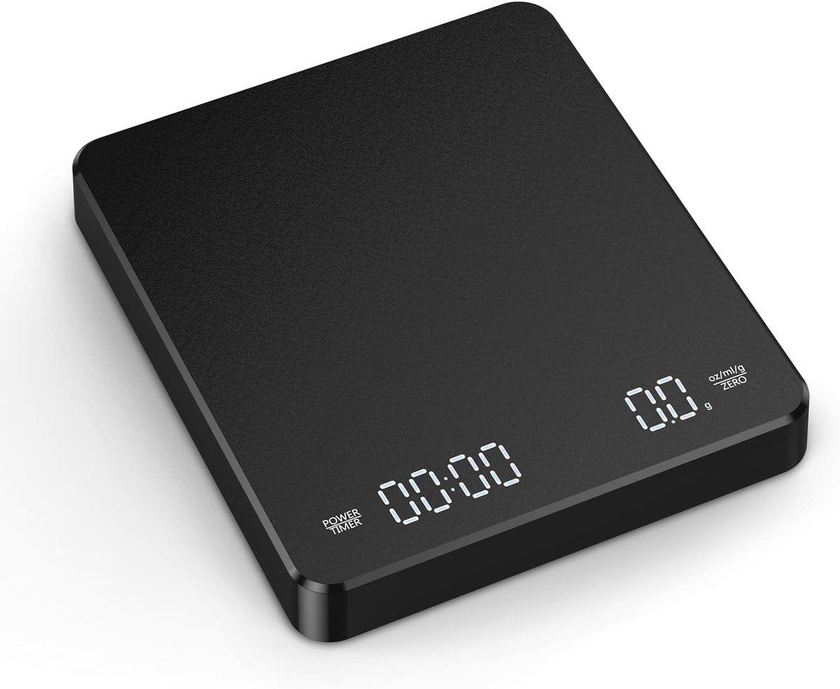 Coffee Scale - Digital Coffee Scale with Timer - Rechargeable for Filter Coffee, 3 kg / 0 g Digital Espresso Scale - with Peeling Function - 3 Units, LED Display - Black