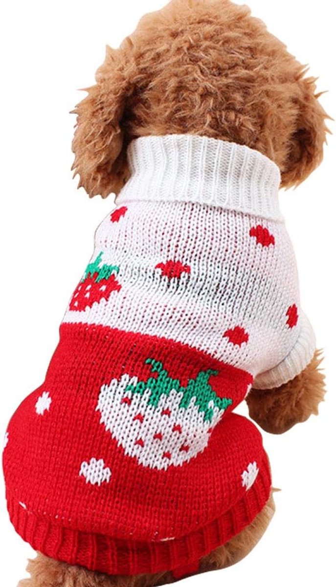 Dog Coat - Dog Sweater - Classic Turtleneck Knit Dog Sweater - Warm Winter Dog Clothes - Cute Strawberry Heart Pattern - Perfect for Small and Medium Dogs - Red - Size XL