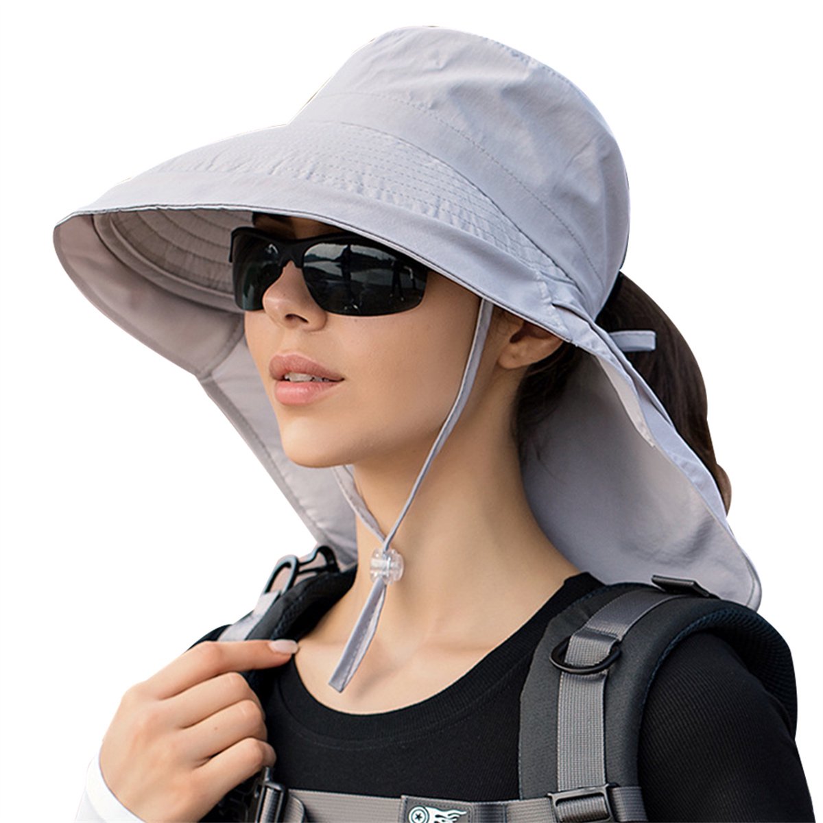 Women's and Men's Sun Hat - Foldable Garden Hat - Wide Brim with Neck Flap - With Chin Strap - For Outdoor Activities and Gardening - Light Grey - 1 Piece