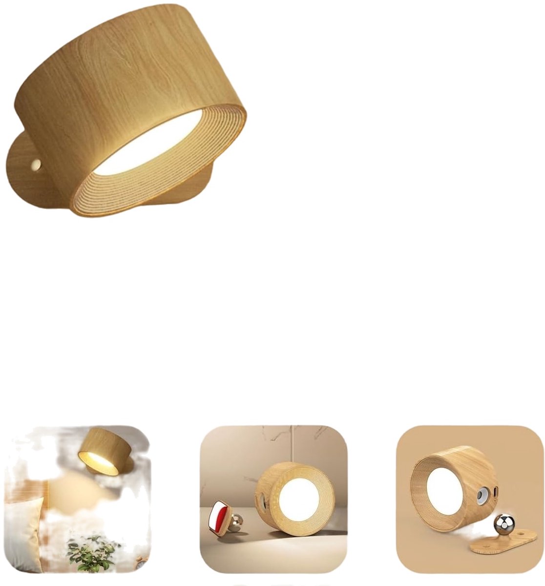 Night light - Indoor wall light - Rechargeable wall light - Children's night light - Wall light with 1 battery - Touch control with 3 brightness levels - 360° rotation - For living room, bedroom, staircase - Wood grain