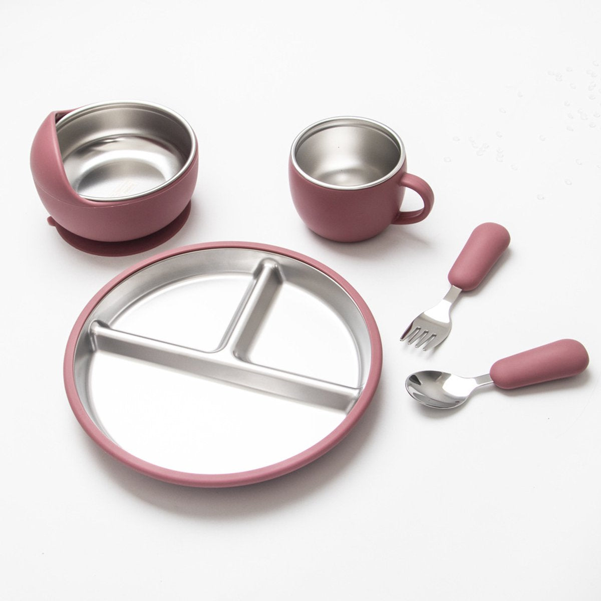 5-Piece Set - Children's Plate - Baby Plate in Stainless Steel - BPA-Free - Non-Slip - Unbreakable - Removable - Suitable for Children 1-3 Years Old - Includes Plate, Bowl, Cup, Fork, Spoon - Pink