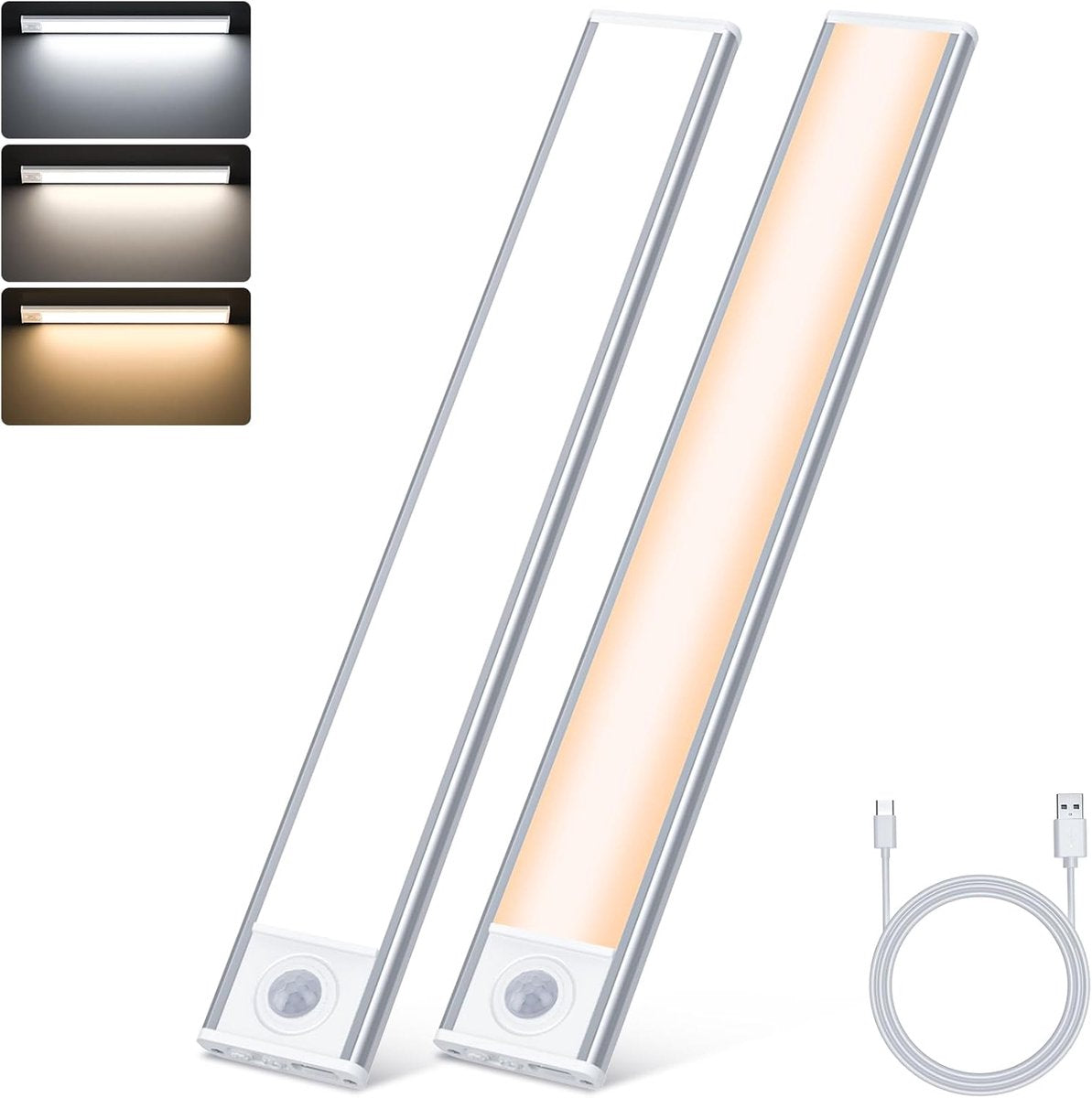 20cm LED Under Cabinet Lighting with Motion Detector - Rechargeable - 3 Colour Temperatures and Infinite Dimming, Dimmable Cabinet Lighting with 3 Modes, Sensor LED Lighting for Cabinets, Kitchens, Stairs (2 Pieces)
