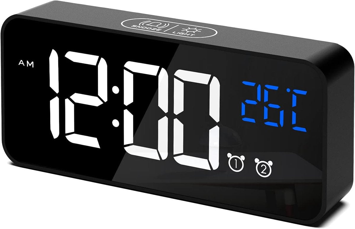 Digital alarm clock, LED digital clock with temperature display, portable mirror alarm clock, 13 alarm tones, USB rechargeable, 4 brightness settings and adjustable volume, 12/24 hour display