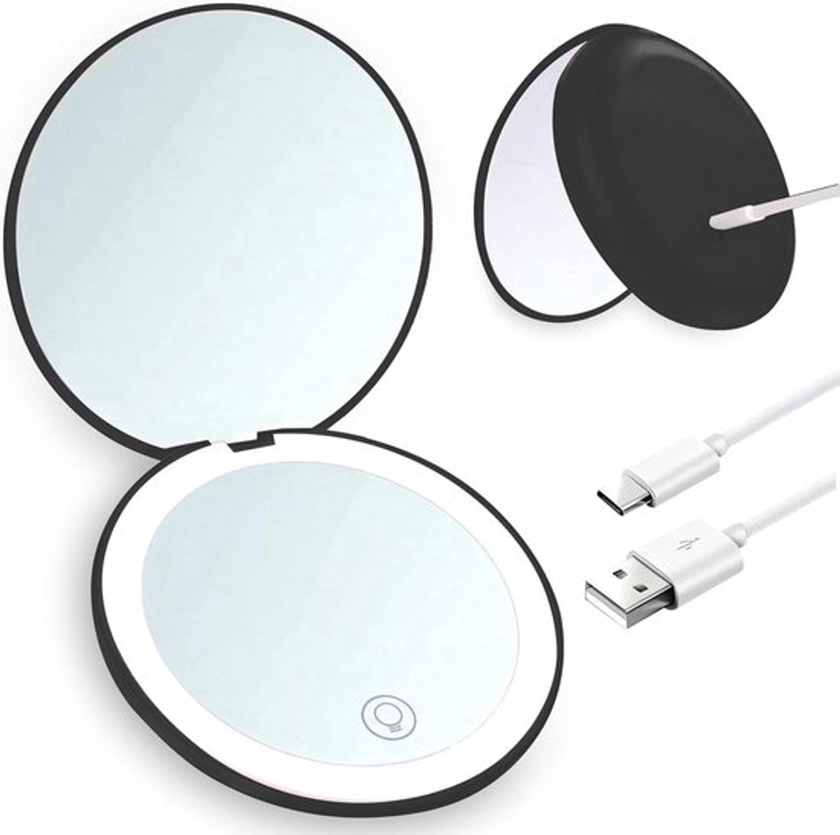 Double-sided makeup mirror with 10x magnifying LED lighting and adjustable brightness. Small, illuminated mirror with adjustable intensity, ideal for handbags. Black.