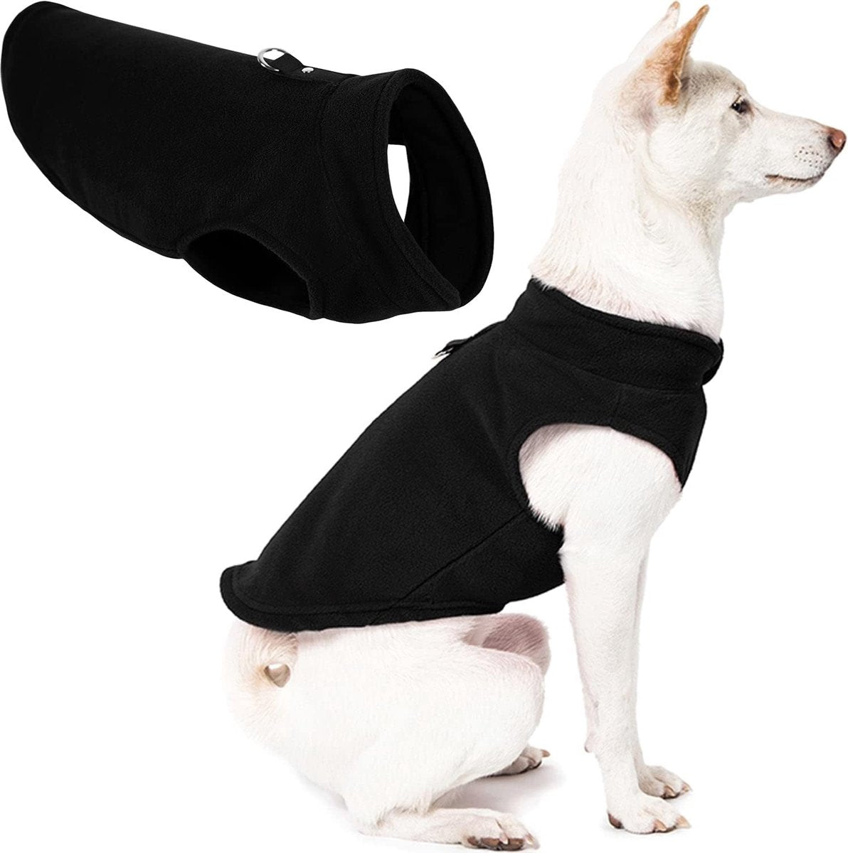Dog Coat - Fleece Vest - Dog Sweater - Warm Winter Coat - Pull-On Fleece Coat - Leash with Ring - Perfect for Small and Medium Dogs - Black - Size L