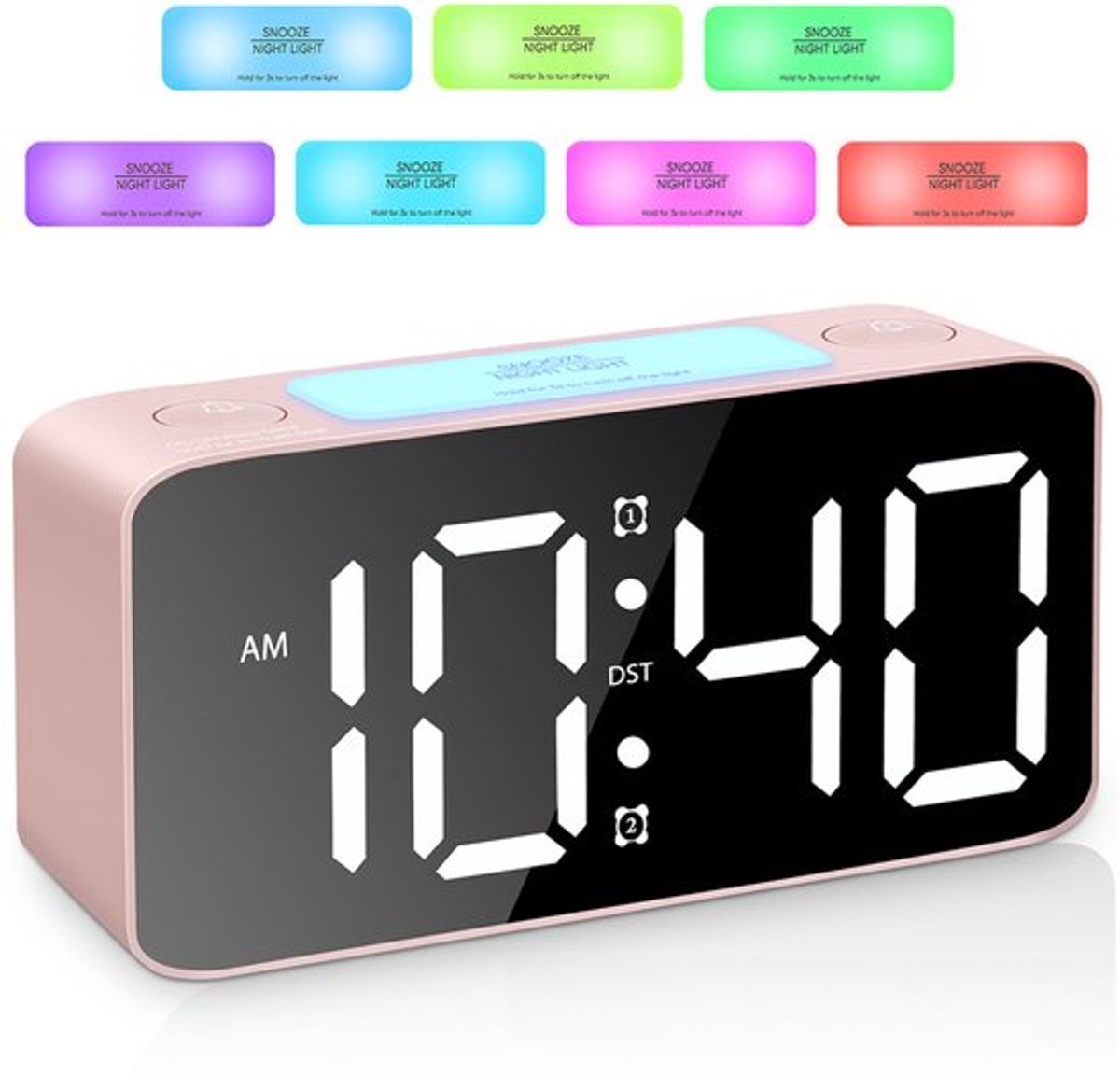 Digital Night Light - Klok Extra Powerful - 7 Colors - Ideal for Heavy Sleepers - Adjustable Volume and USB Charging - Place on the Bedside Table - Pink