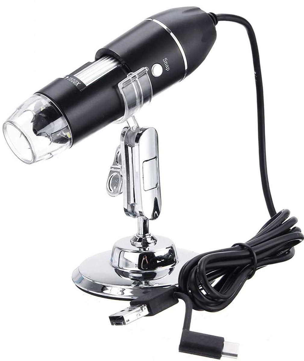 Microscope - Children's Microscope - USB Type-C Digital Microscope - 3 in 1, 50X-1600X Magnification - Adapter and Endoscope with Stand - Black