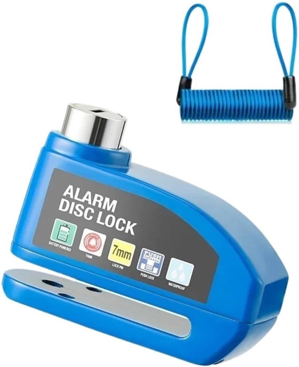 Bicycle disc brake lock - Disc brake alarm - With reminder cable - 7 mm - Motorcycle lock - Scooter lock - Disc brake lock - Blue