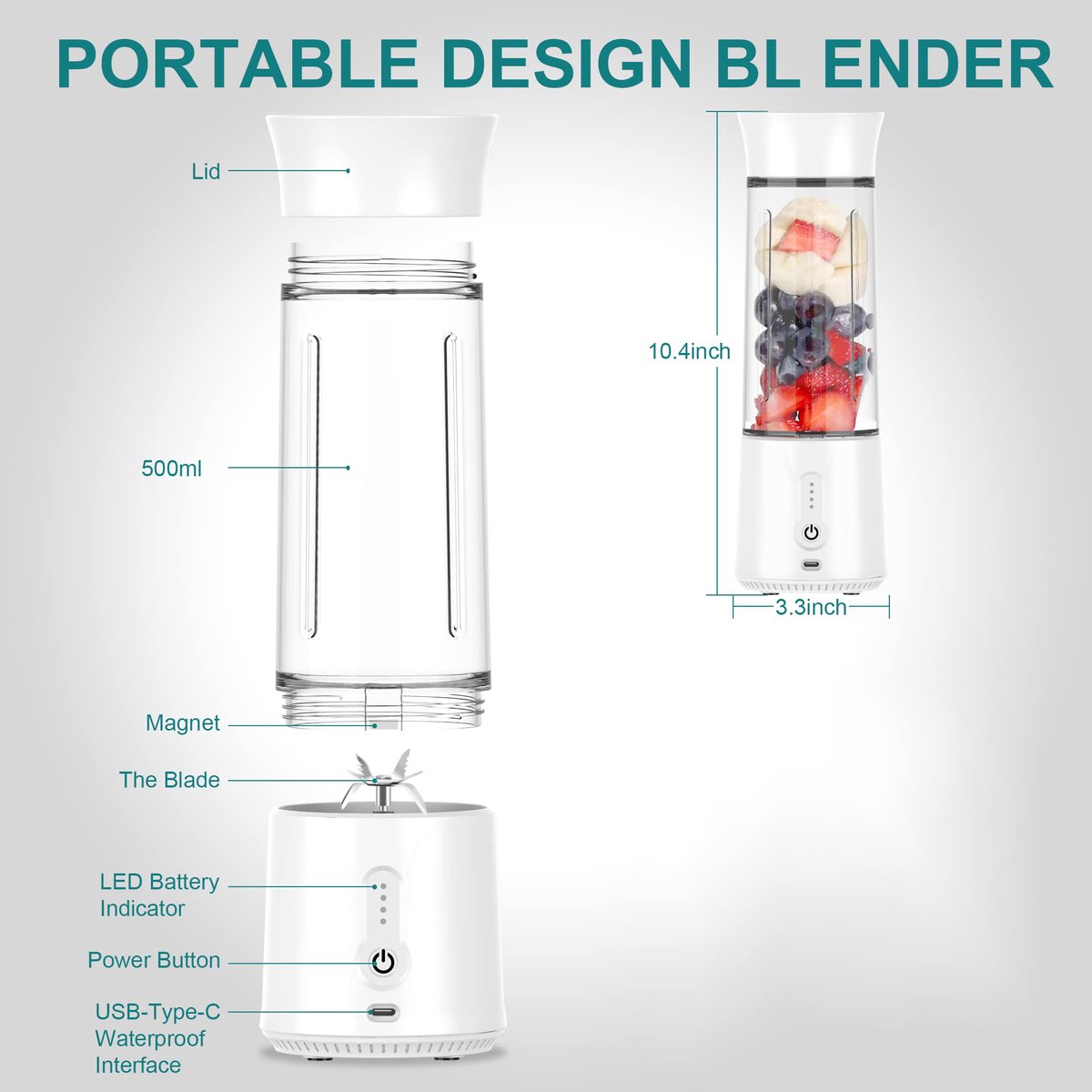 Blender - Mini Blender - Smoothie Maker - USB Rechargeable Mini Blender - Portable Blender for Milkshakes, Smoothies and Juices - Grijs