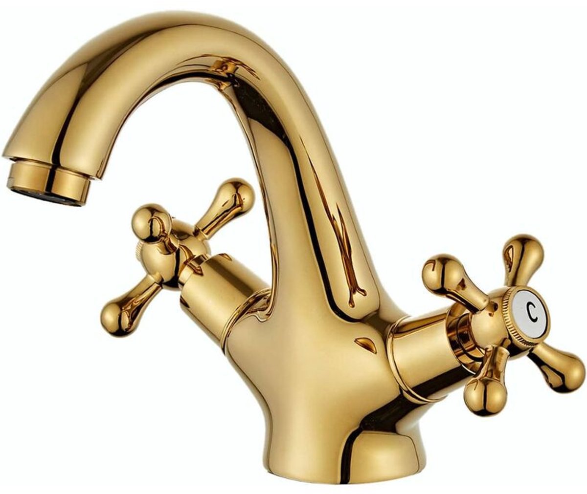 Set of 100 retro two-handle basin taps, in vintage antique brass, with cross handle, elegant design and simple holes, gold plated