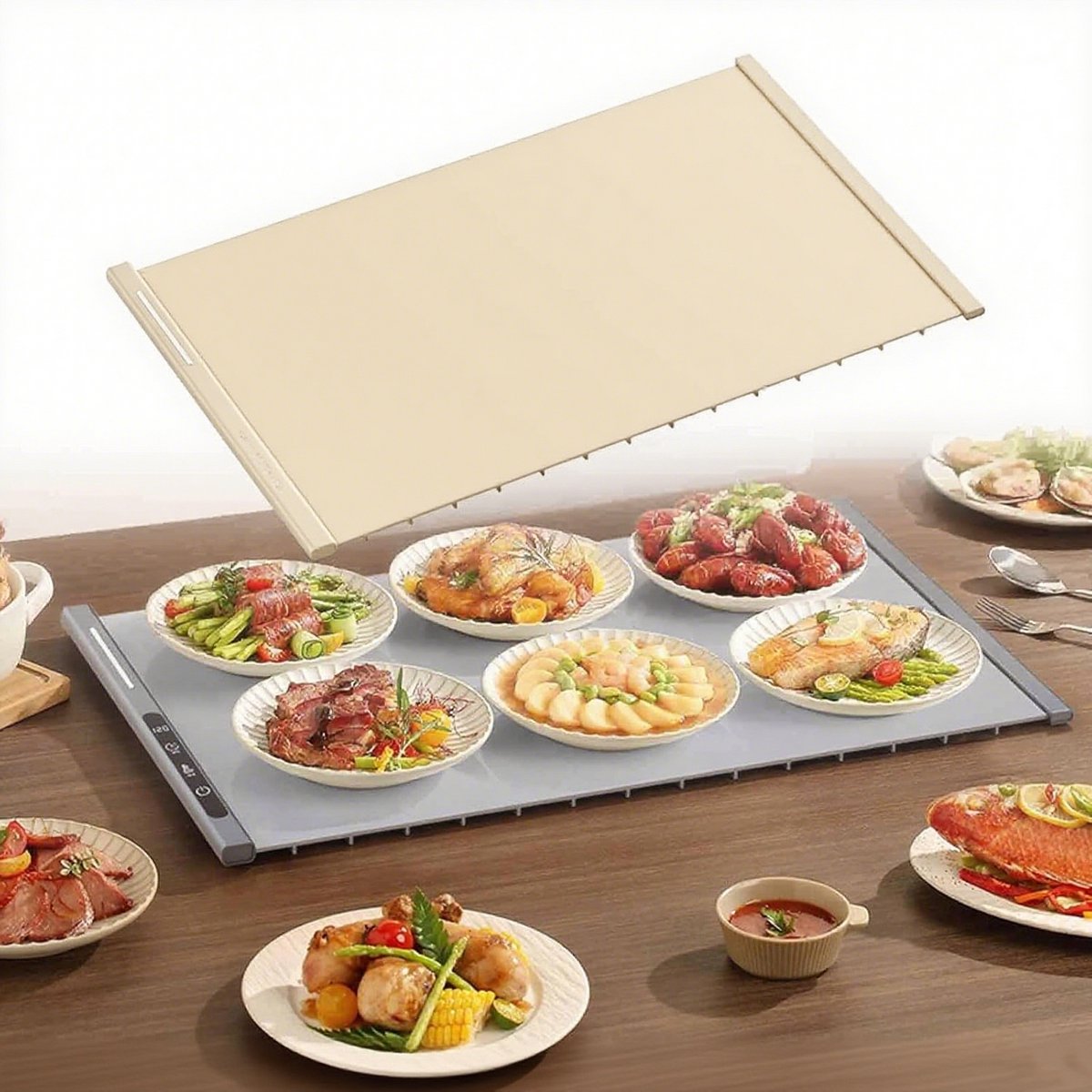 250W roll-up electric hot plate with 8 temperature settings and a 6-hour timer, for buffets, made of waterproof silicone, beige