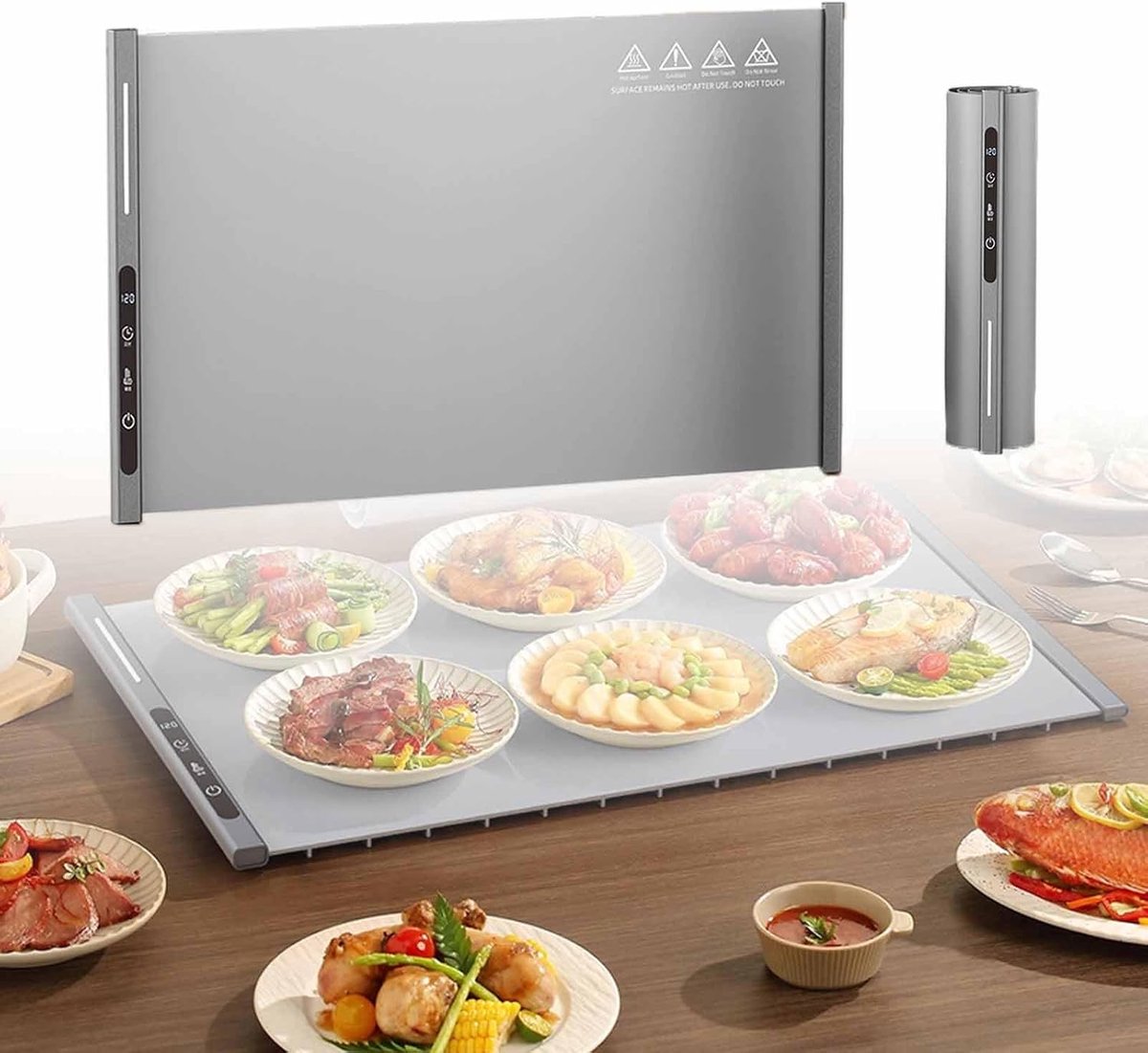 250W roll-up electric hot plate with 8 temperature settings and a 6-hour timer, for buffets, made of waterproof silicone, grey