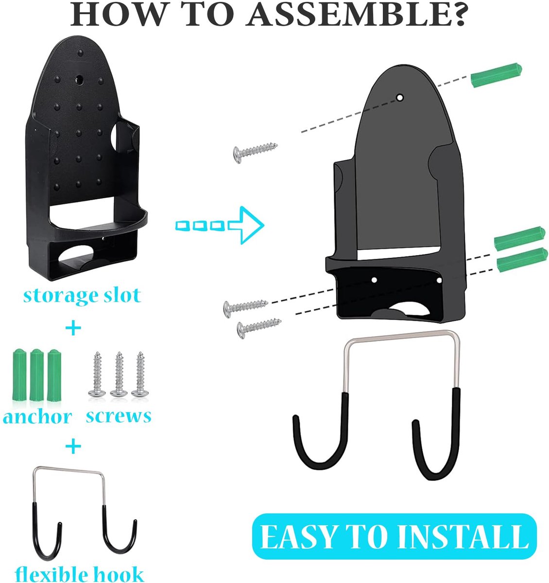 Ironing board and iron holder - Wall-mounted iron - Suspension system for your ironing board AND iron - Simple ironing board holder - 308*148*106mm - Black