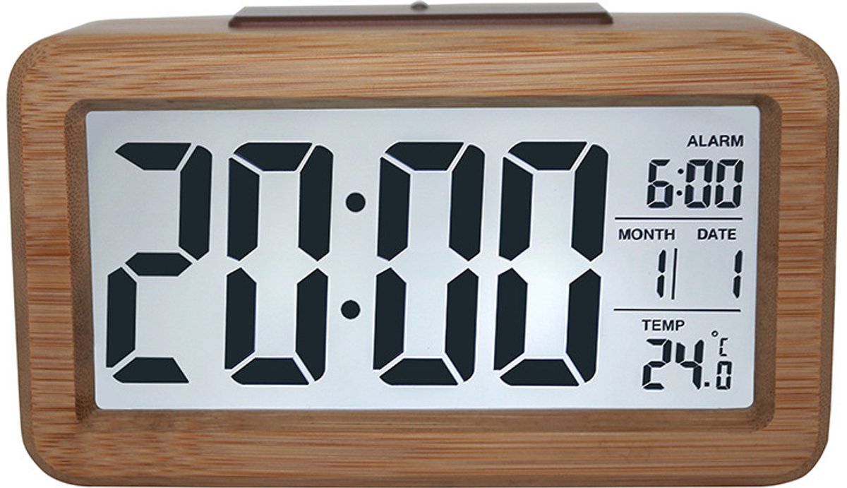 Wekker digital alarm clock, wooden, with sensor module, large screen, desk clock, date and temperature display, night light, digital clock with snooze module (batteries not included)