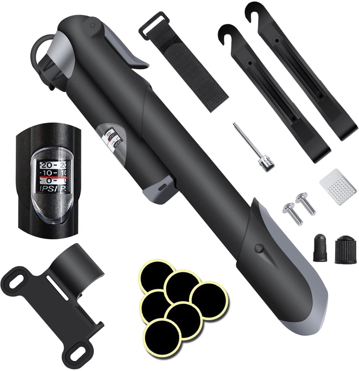 Hand pump - Bicycle pump with pressure gauge - Mini portable bicycle pump - Mini bicycle pump for all bicycles - Balloon pump with needle - Glue-free repair kit - Suitable for Presta and Schrader valves - Black