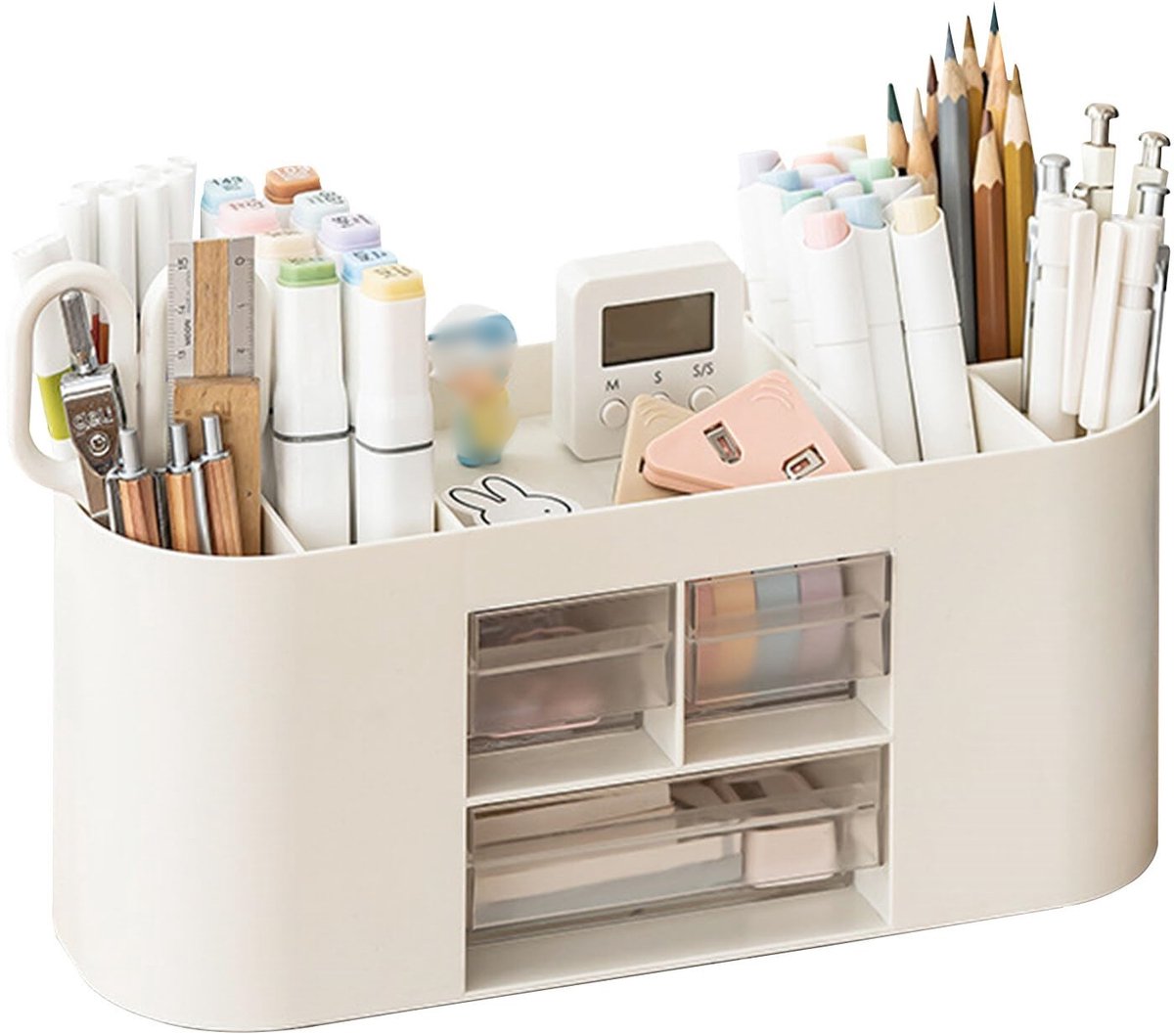 Storage box with pen holder, desk organizer, 10 compartments, large capacity, double-layer transparent drawer, suitable for pencils, colored pencils and various writing instruments (white)