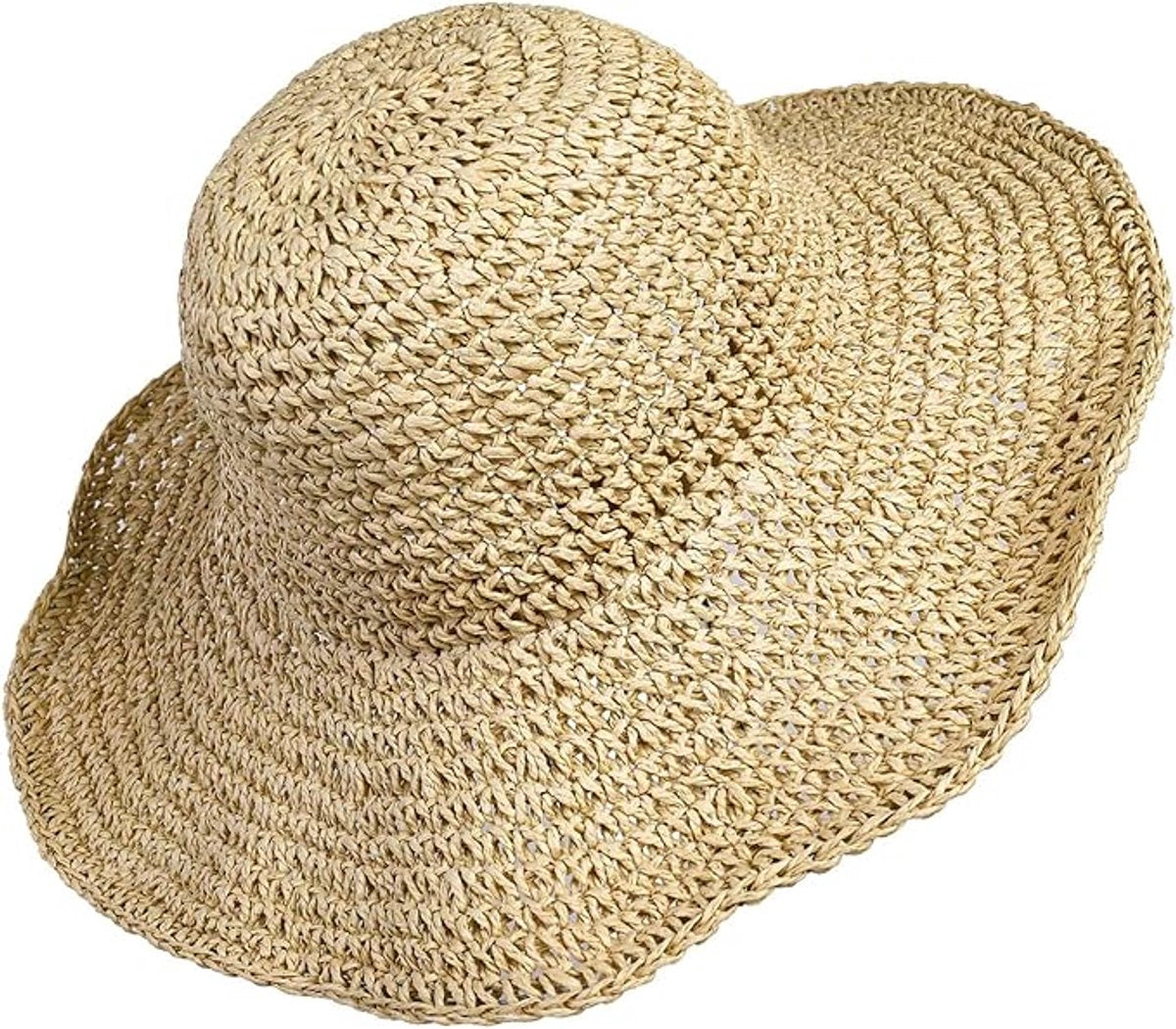Women's foldable straw hat - Optimal sun protection - Wide brim - Foldable - Holiday decoration - 100% raffia paper (beige)