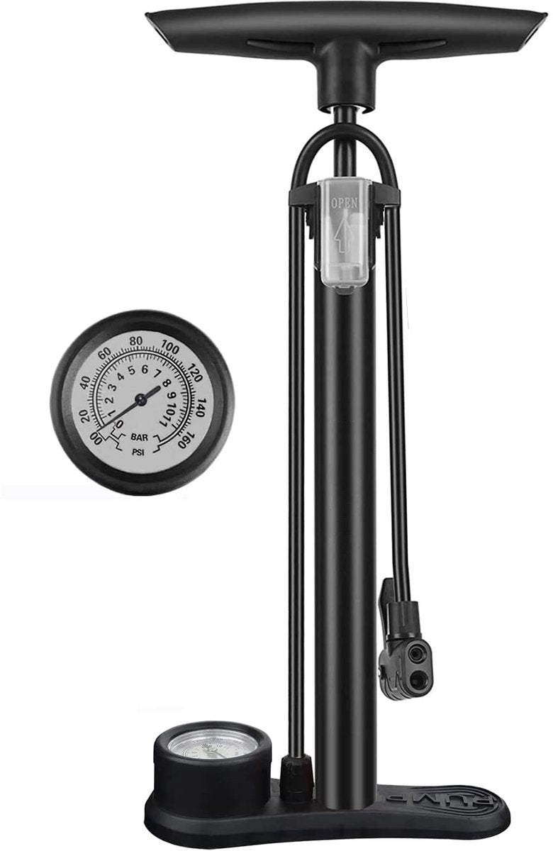 Bicycle pump - Bicycle pump with pressure gauge - Double valve head - Schrader and French valves - Foot pump - Practical for baby on the go or for travel - Black