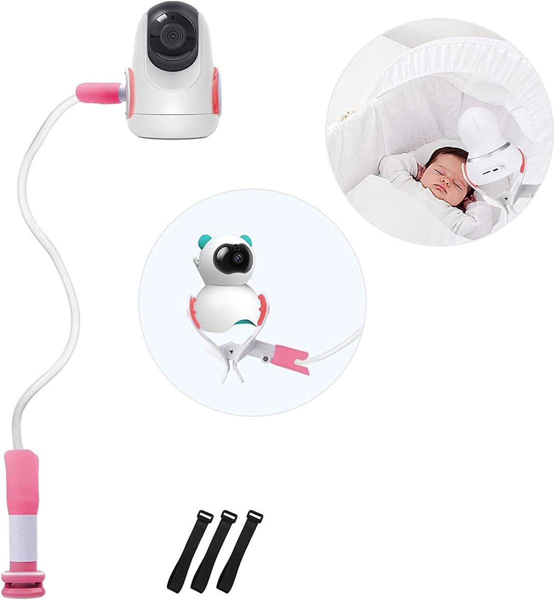 Babyfoon Camera Mount, Camera Holder, Baby Monitor Mount with 3 Straps, No Drilling Required, Flexible and Adjustable, Universal Baby Monitor Mount, Compatible with Most Baby Monitors (Pink)