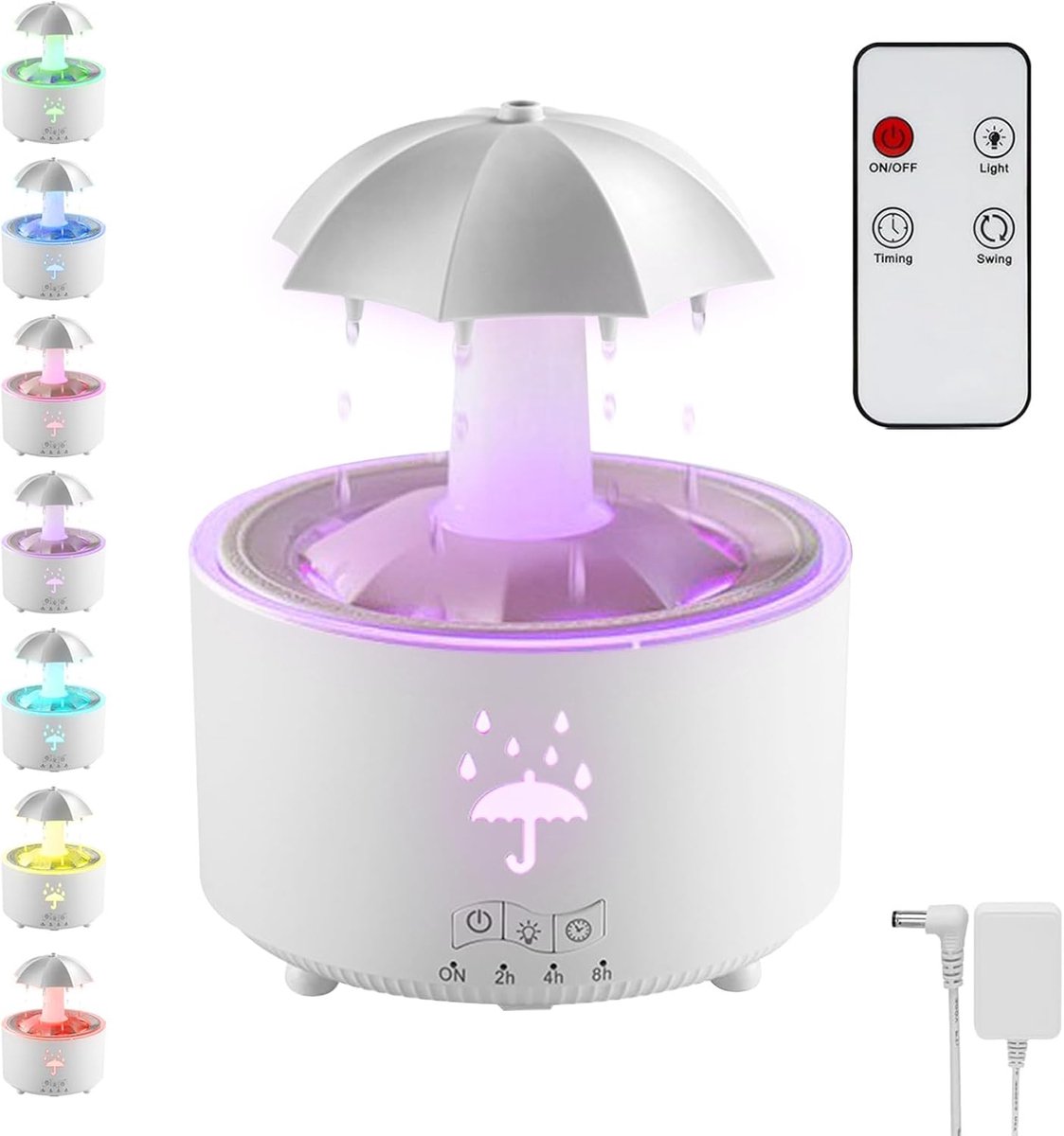 Aromatherapy Humidifier - Umbrella Humidifier - 300ml Rotating Humidifier for Bedroom with Remote Control and Timer - 7-Color LED Humidifier for Living Room or Children's Room - Humidifiers (White)