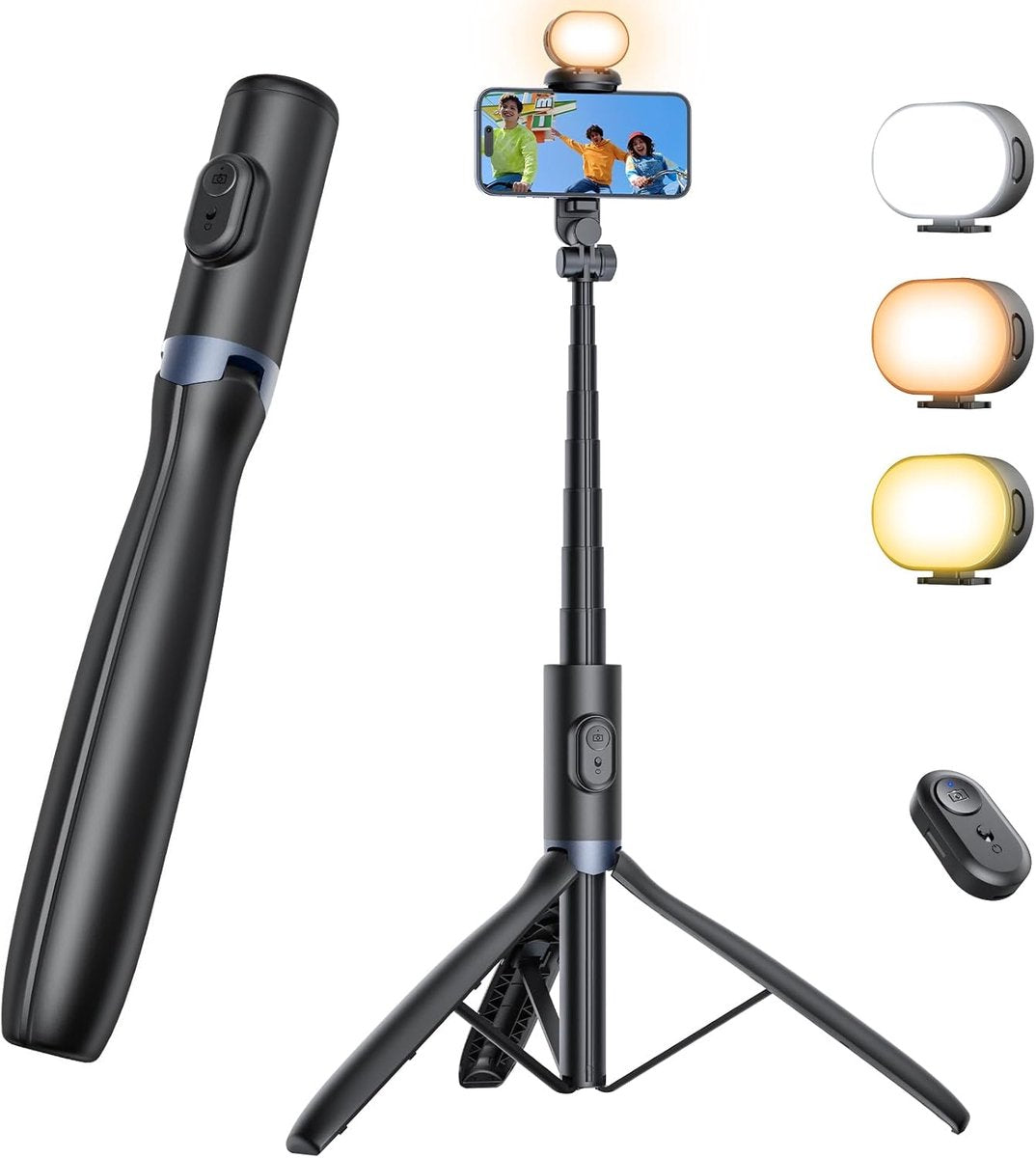Mobile phone tripod with light, selfie stick tripod compatible with smartphone and GoPro cameras