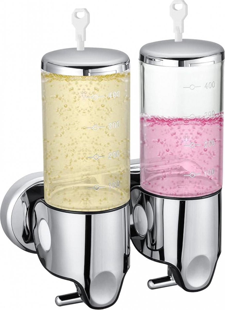 Soap dispenser - silver - 2 reservoirs - 2 x 500ml - wall-mounted - soap pump - soap holder - bathroom and sink - shampoo dispenser
