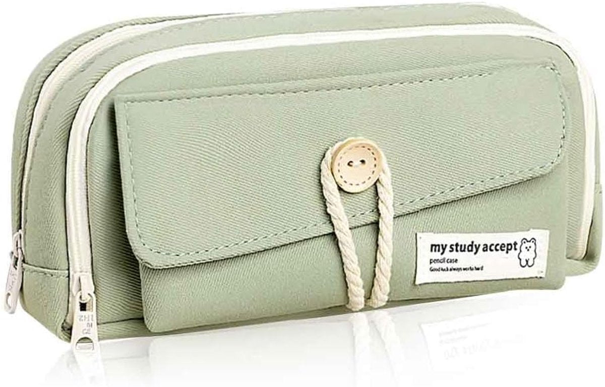 Expandable pencil case with 3 large compartments for girls, boys and students (light green), green, [light green, canvas]