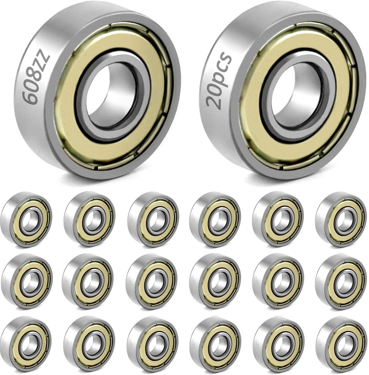 20 608zz ball bearings - Miniature deep groove ball bearings, double metal shielding - For skateboards, scooters, inline skates, 8 mm x 22 mm x 7 mm