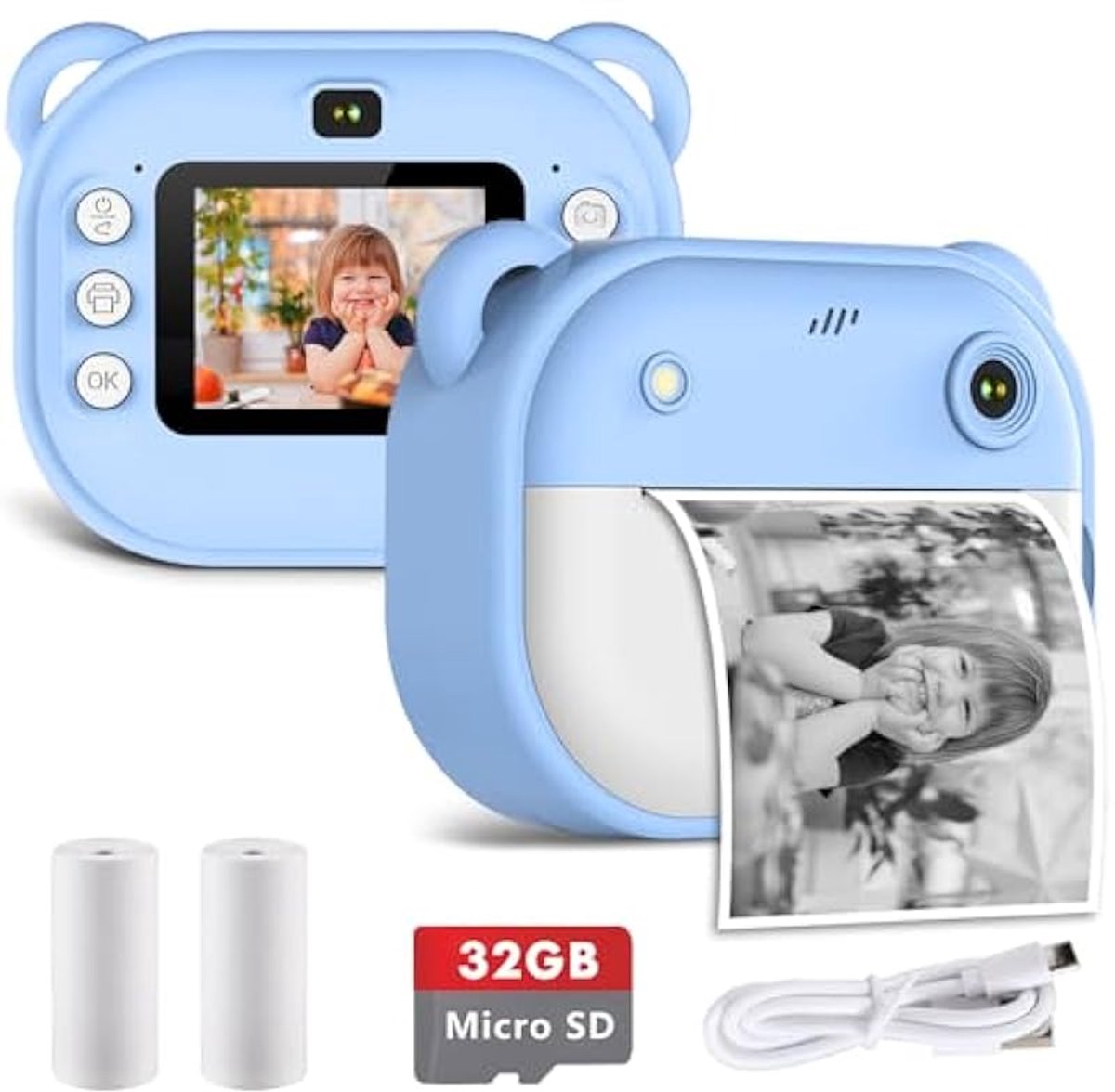 Instant Camera, 1080p HD Digital Camera, Suitable for Boys and Girls, Includes a GB Memory Card and Printer Paper - Blue