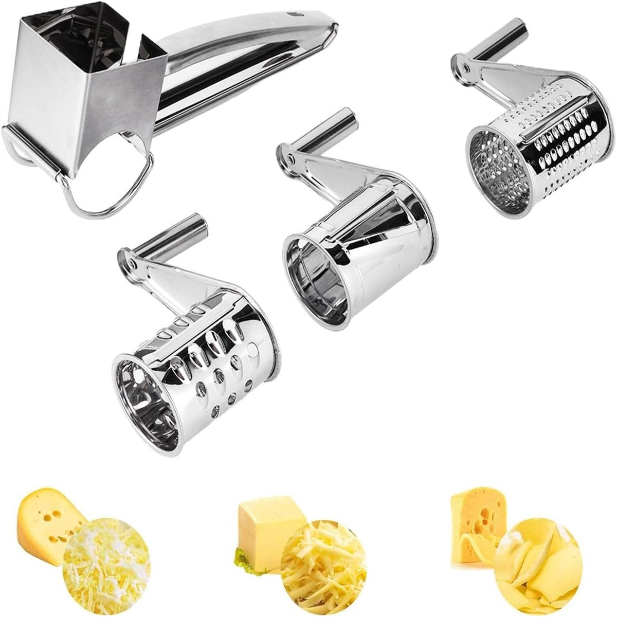 Cheese Grater - Stainless Steel Drum Grater - Hard Cheese Grinder - Efficient and Durable - Dishwasher Safe - Includes 3 Cutting Blades - Suitable for Chocolate and Nuts - Silver - 1 Piece