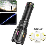 High power white laser LED flashlight, rechargeable zoom waterproof Type-C flashlight for outdoor use - batteries not included.