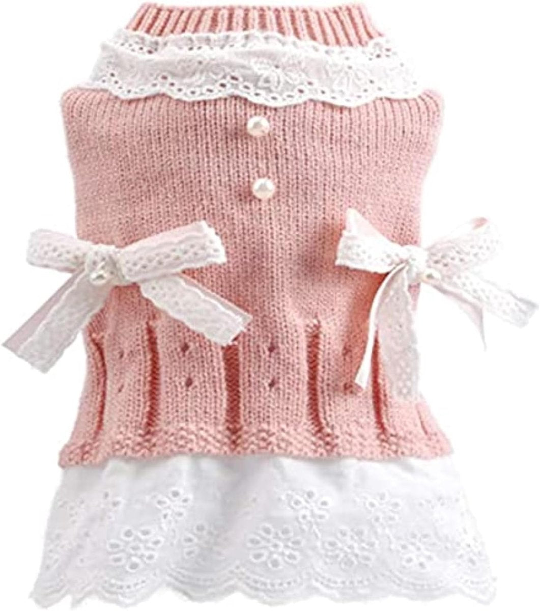 Dog Coat - Dog Sweater - Sweater Dress for Small Dogs - Female Dress with Bow - Pink and Blue Warm for Winter - Princess Lace - Birthdays - Valentine's Day - Pink Medium - Christmas Decorations - Christmas - Size XL